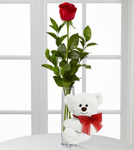 Single Red Rose in Bud Vase with Bear
